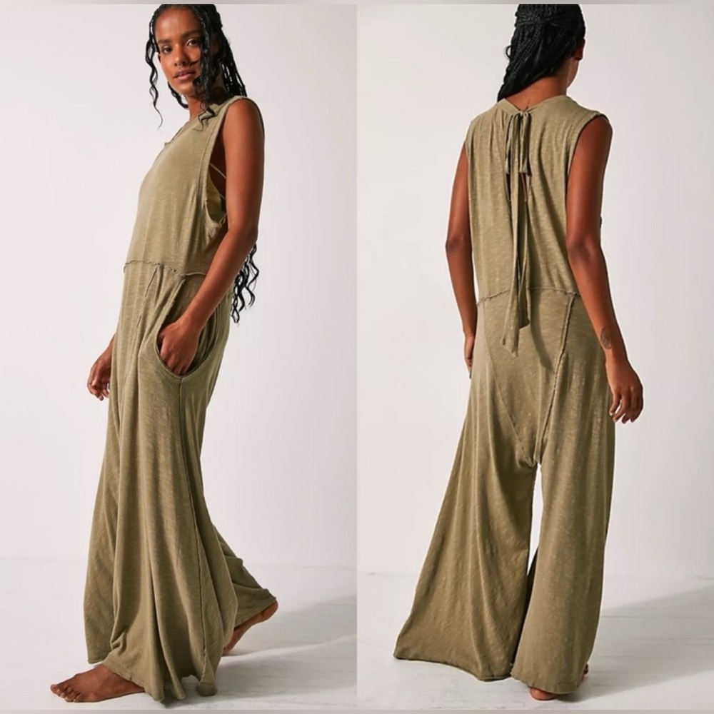 Free People Homebody Oversized Tie Back Romper One Piece Jumpsuit Green NWT